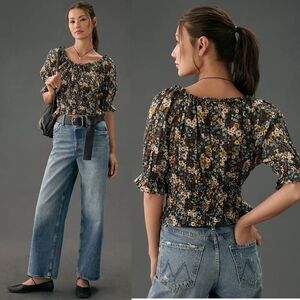 MOTHER The Dollface Cotton Floral Smocked Top